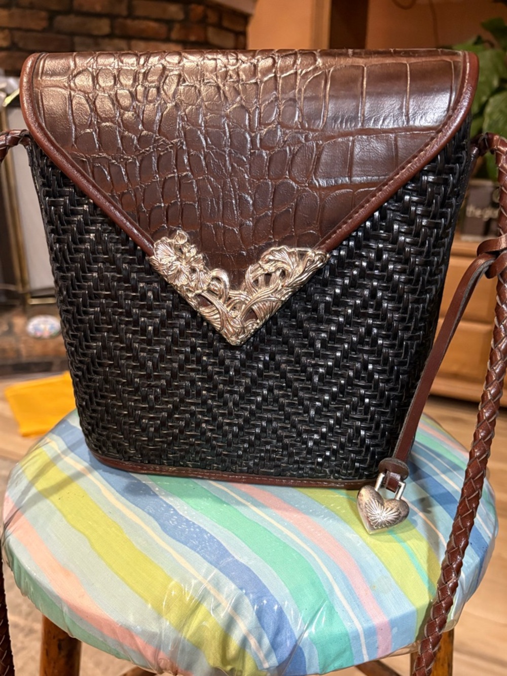 Woven Crossbody Bag with Brown Croc-Texture Flap
